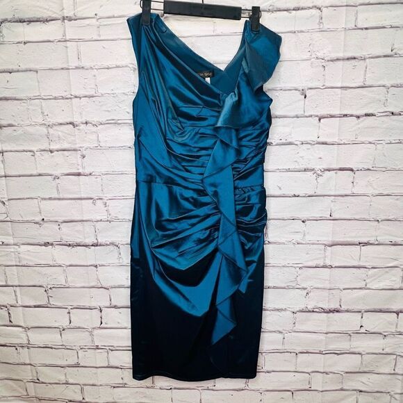 Tadashi Shoji Eclipse Stretch Taffeta Ruched Side Draped Ruffle Dress size 4 - Picture 1 of 10